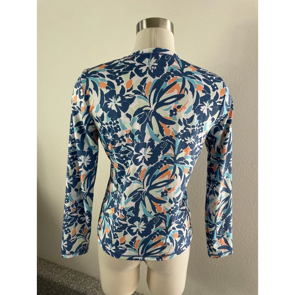 Roxy Women Small Blue Green Floral Tropical Long‎ Sleeve Rash Guard Swim Top